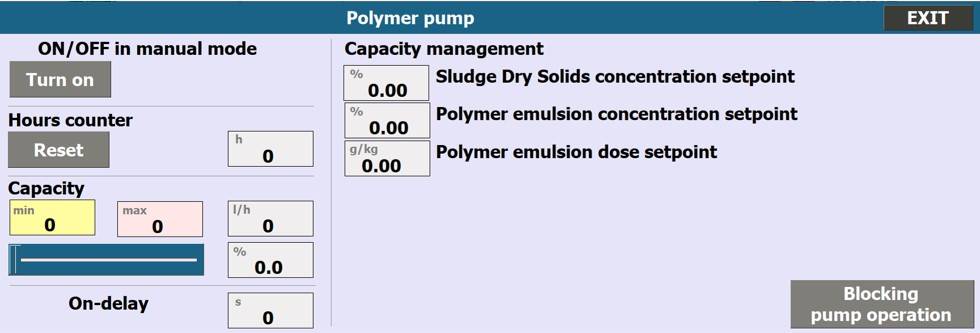 Рис. 16. Меню насоса флокулянта й керування подачею флокулянта.